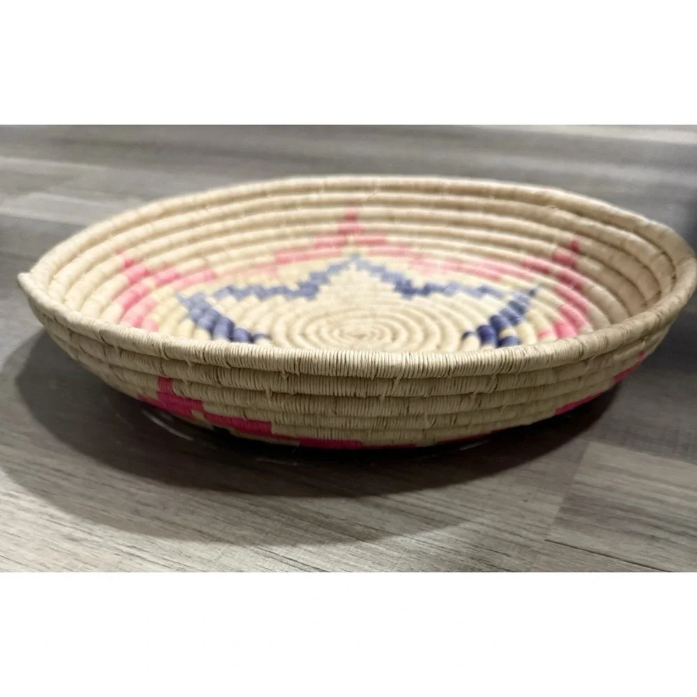 Handmade Woven African Coiled Basket Wall Decor Pink Blue Star Petal Boho